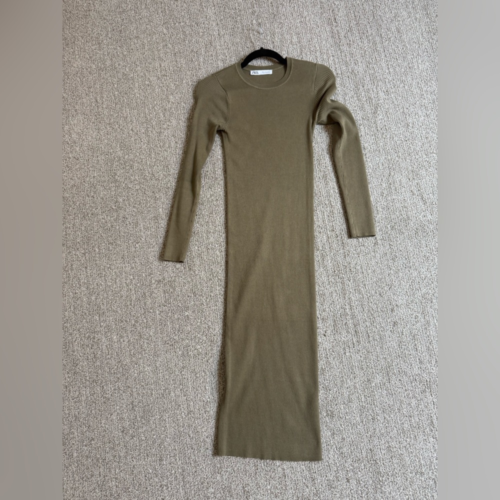 Zara Olive Long Sleeve Ribbed Dress Small